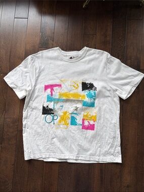 Vintage OP White Tee with Cyan, Magenta, Yellow Surf Blocks 1980s 1990s